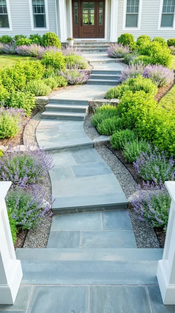 Broad bluestone steps forming a meandering switchback pathway on an uneven front suburban lot.