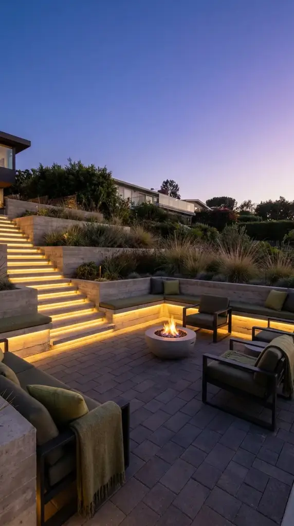 Modern sunken seating zone with hidden geometric LED landscape lighting on a tiered front slope at twilight.
