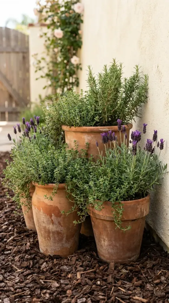 Mediterranean style garden path with a large vintage stone planter surrounded by blooming purple lavender.