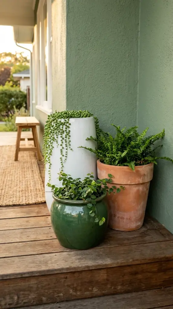 Asymmetric cluster of three terracotta and ceramic planters with green plants on a front porch.