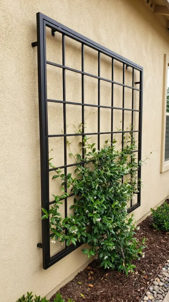 A stylish black wrought iron wall trellis with climbing star jasmine vines mounted on a blank exterior wall.