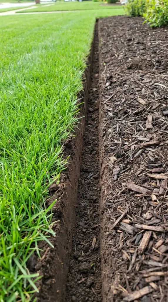 Crisp natural trench garden edging separating a lush green lawn from dark wood mulch.