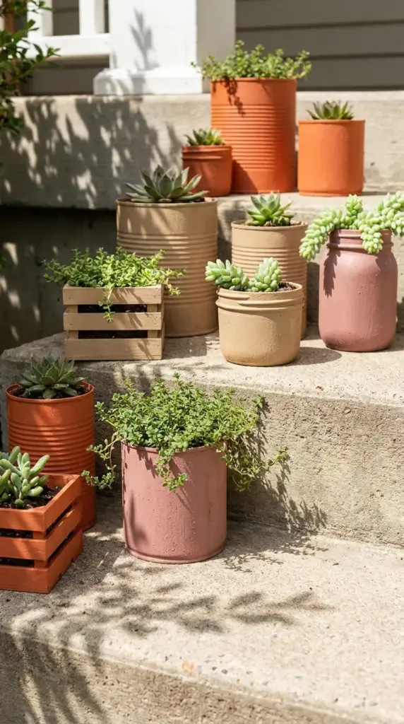 Textured DIY planters made using the faux-terracotta baking soda paint technique on a front porch.