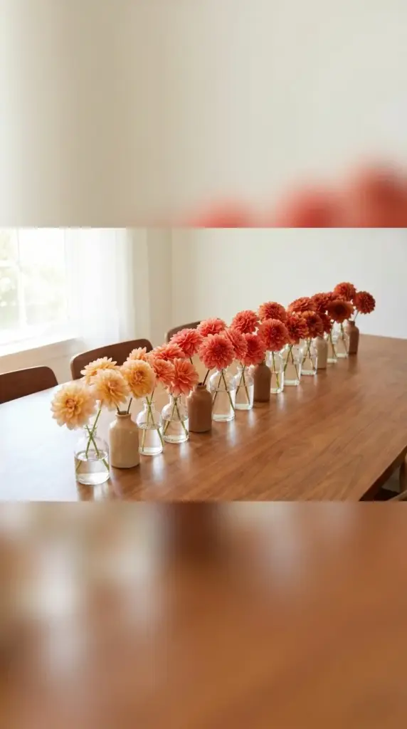 A modern ombré bud vase gradient display of dahlias transitioning from light pastel pink to deep coral.