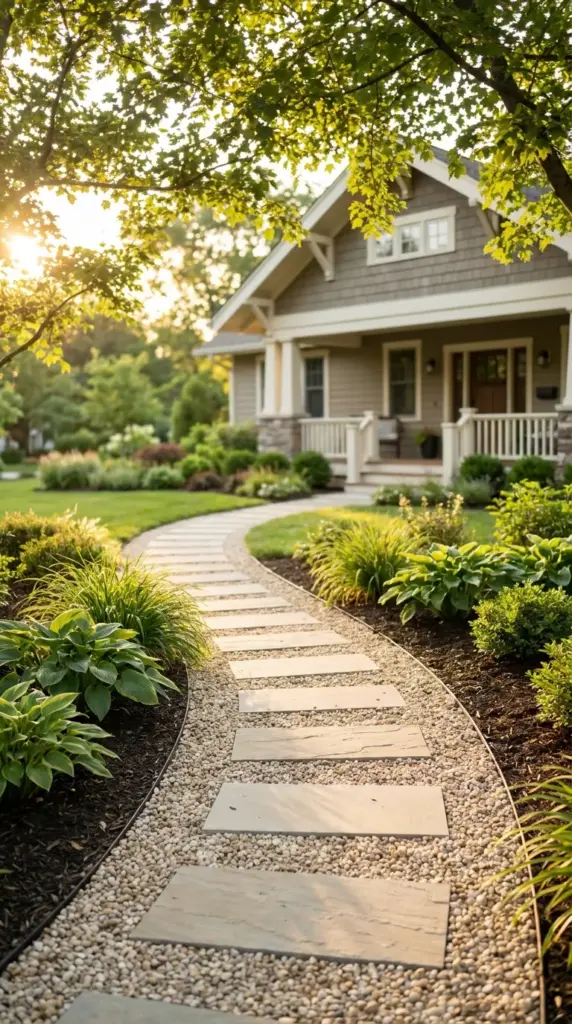 A welcoming front yard pea gravel pathway winding through a low-maintenance garden layout.