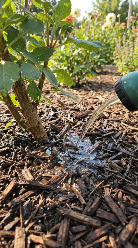 Deep-watering process soaking the heavily mulched base of a mature dahlia plant.