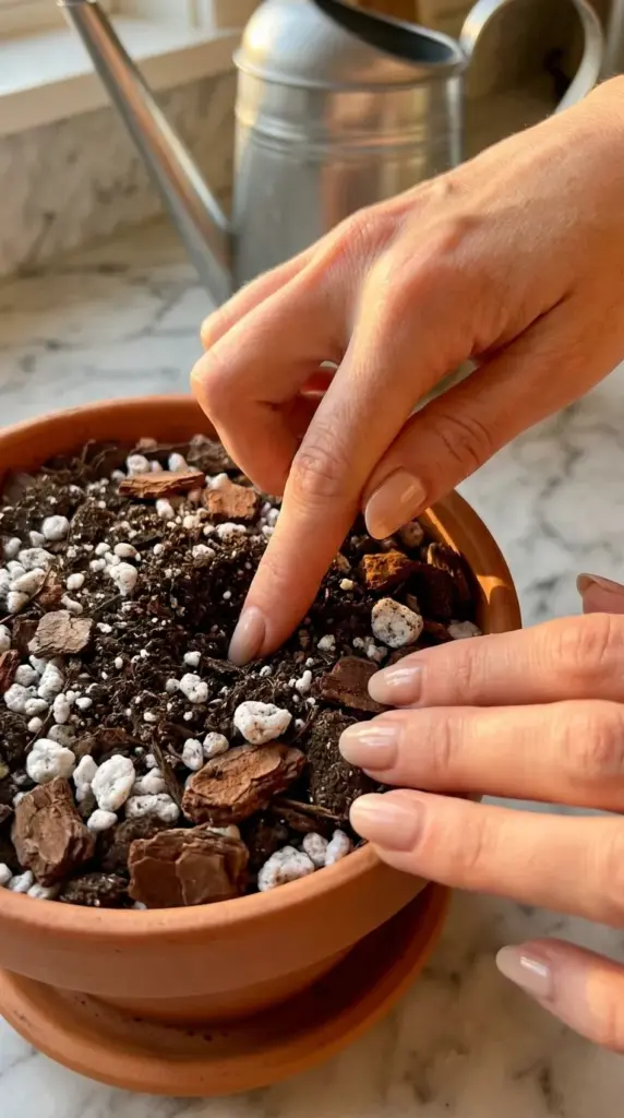 A person checking the dry, well-draining soil mix of a indoor ZZ plant to ensure proper watering care.