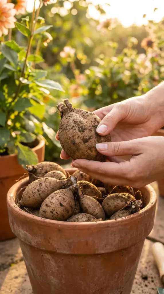 A gardener holding a plump dahlia tuber over a cluster of flower bulbs in a terracotta pot to show propagation.