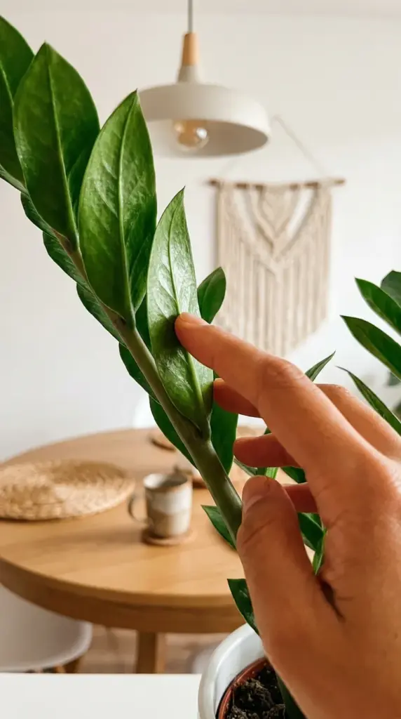 A plant parent checking the firmness of a healthy ZZ plant stem to monitor its watering schedule.