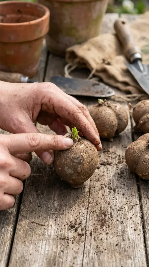 Close-up of a healthy dahlia tuber with a visible sprouting eye on a rustic wooden garden table.