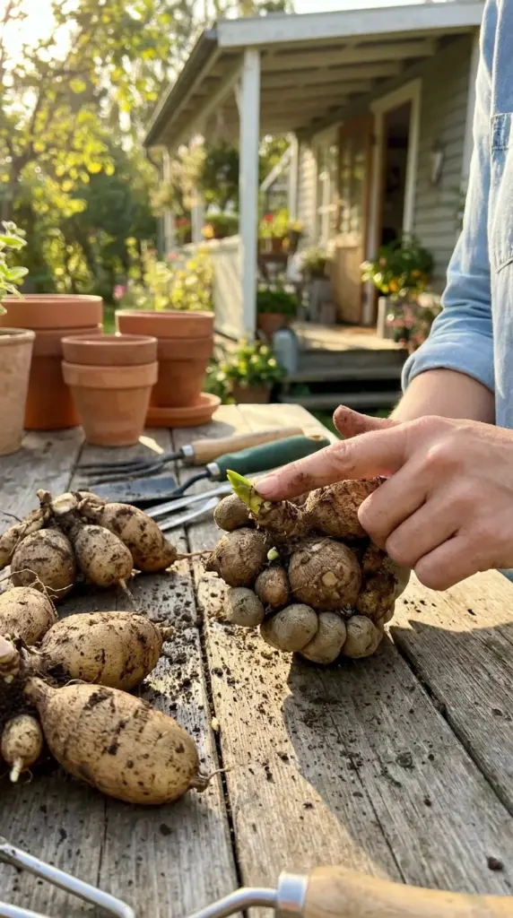 Close-up of healthy dahlia tubers with a visible eye sprout ready for spring planting.