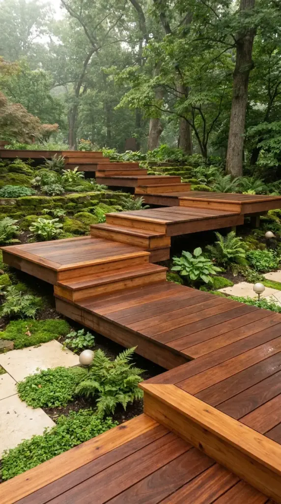 Floating multi-level wooden boardwalk path cascading down a beautifully landscaped sloped front yard.