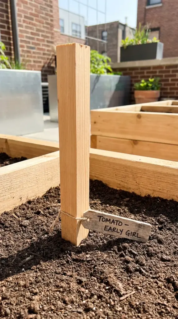 Installing a heavy-duty wooden support stake pre-planting for dinnerplate dahlias.