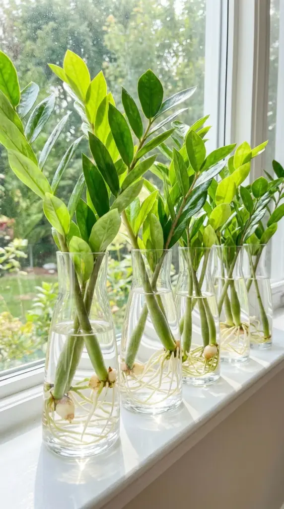 Healthy ZZ plant stem cuttings growing white roots in clear glass vases during water propagation.