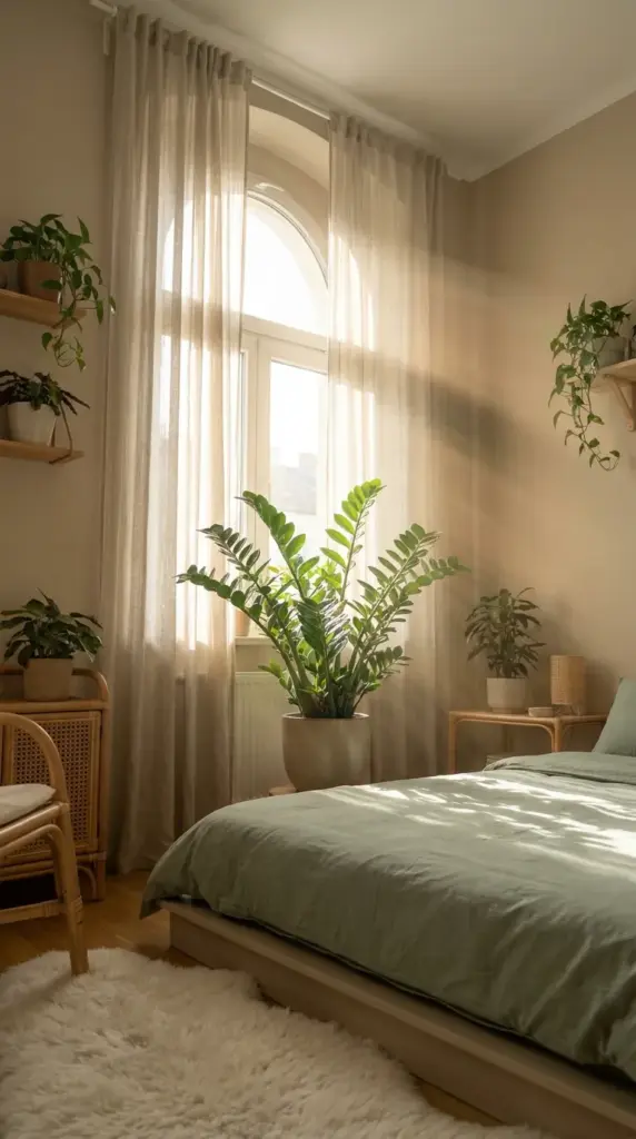 A thriving ZZ plant positioned to catch bright indirect sunlight near a window in a modern home.