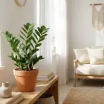 A lush and vibrant ZZ plant with glossy green leaves in a terracotta pot on a wooden shelf in a sunlit living room.