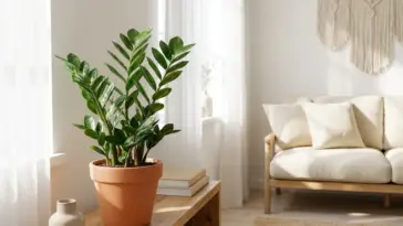 A lush and vibrant ZZ plant with glossy green leaves in a terracotta pot on a wooden shelf in a sunlit living room.