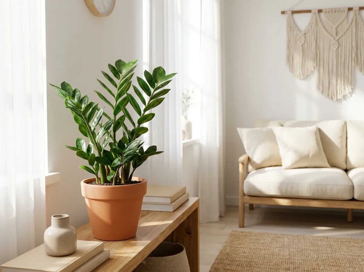 A lush and vibrant ZZ plant with glossy green leaves in a terracotta pot on a wooden shelf in a sunlit living room.