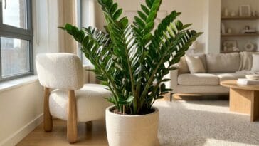 A vibrant, thriving ZZ plant with glossy green leaves styled in a bright, modern apartment living room.