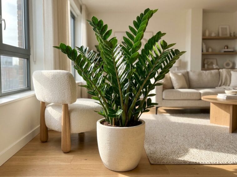 A vibrant, thriving ZZ plant with glossy green leaves styled in a bright, modern apartment living room.