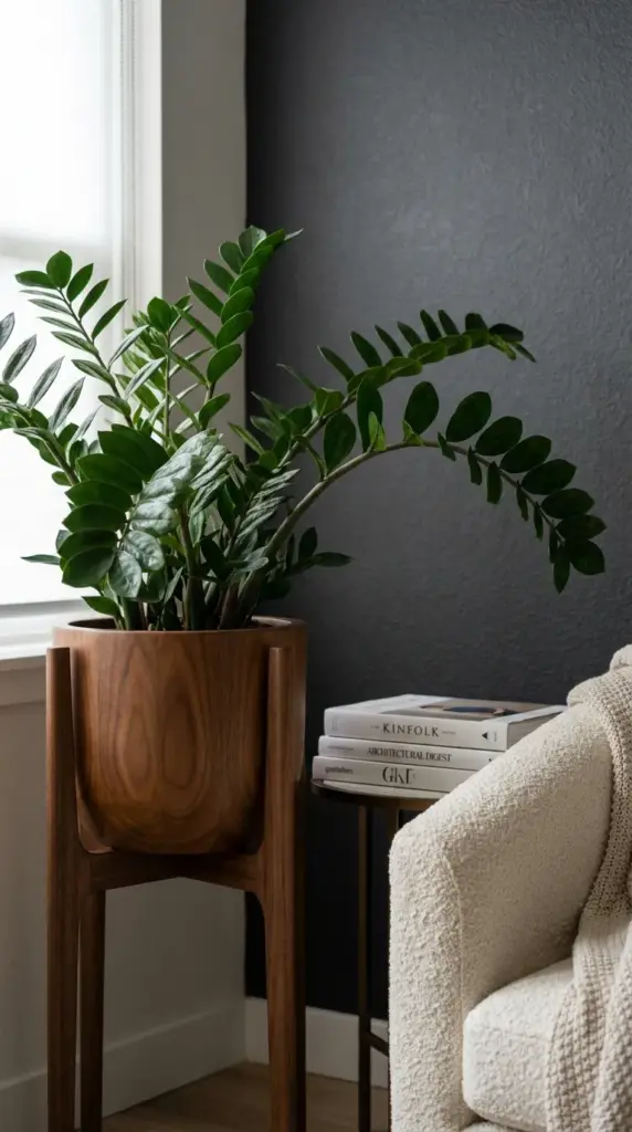 A glossy ZZ plant on a mid-century modern wooden plant stand next to a cozy reading chair.