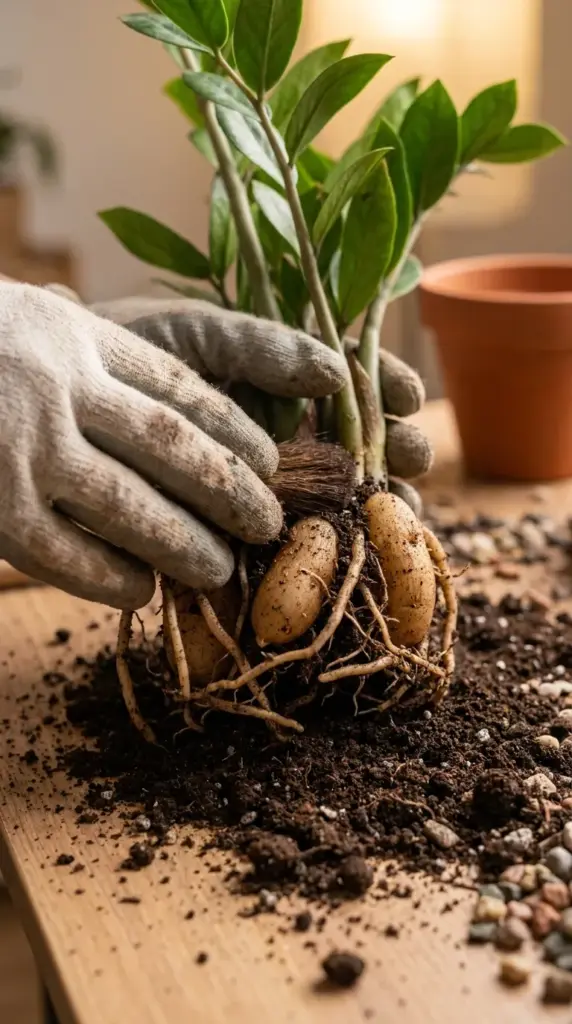 Close-up view of healthy potato-like ZZ plant rhizomes and root system exposed during repotting.