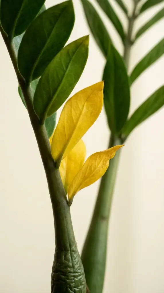 A close-up view of bright yellow leaves and wrinkled stems on an overwatered ZZ plant.