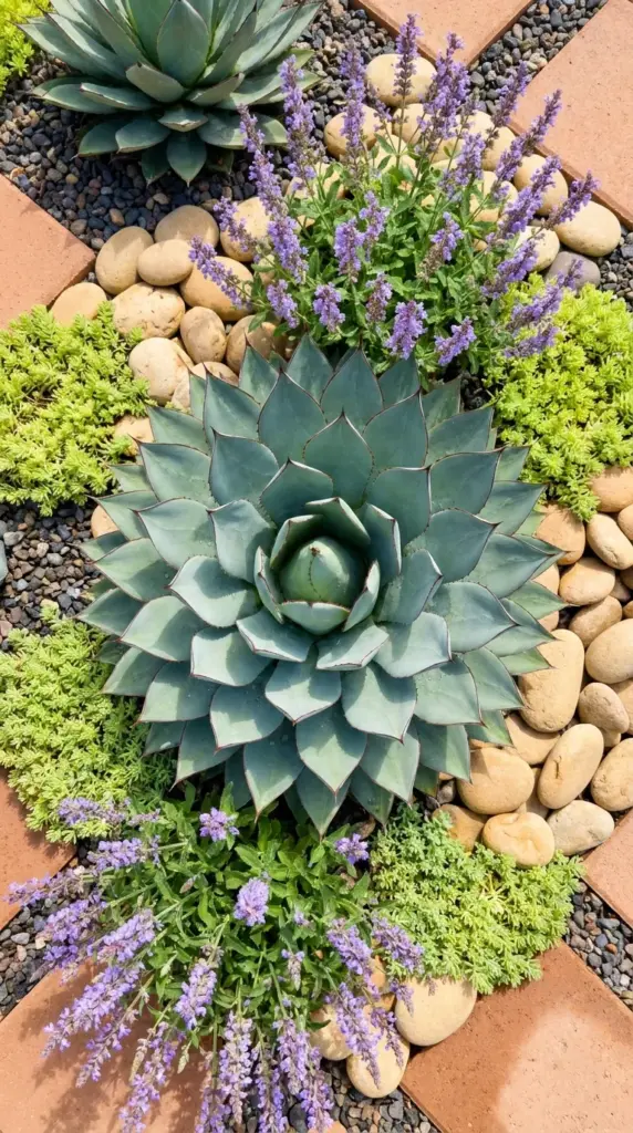 Beautifully arranged blue agave and purple salvia plants in a modern drought-tolerant garden design.