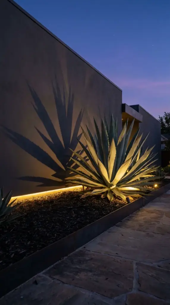 Low-voltage outdoor lighting landscape highlighting architectural succulents and agaves at night.