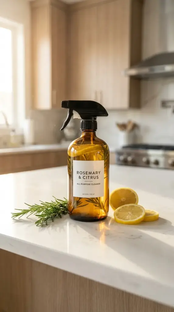 DIY rosemary and citrus infused cleaning spray bottle on a bright kitchen countertop.