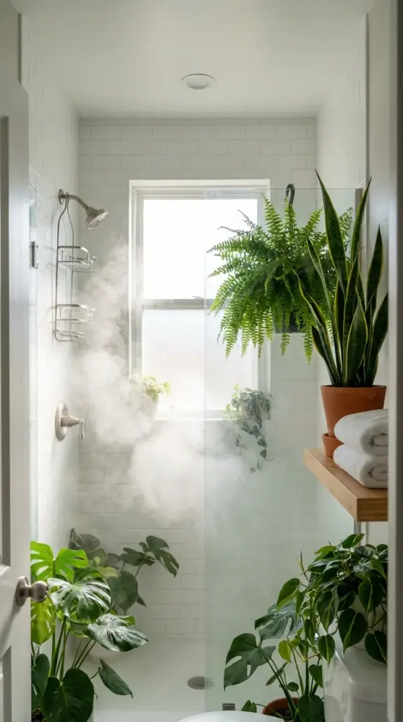 A windowless apartment bathroom transformed into a spa-like retreat using humidity-loving plants like ferns and snake plants.