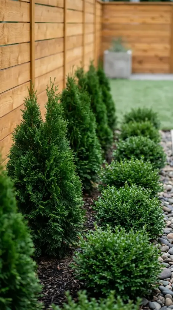 Layered evergreen shrubs planted in a zigzag pattern along a backyard wooden fence line.