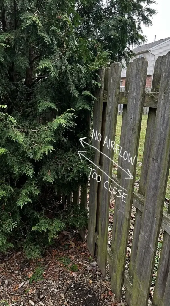 Overgrown evergreen hedge planted too close to a wooden fence causing root pressure and overcrowding.