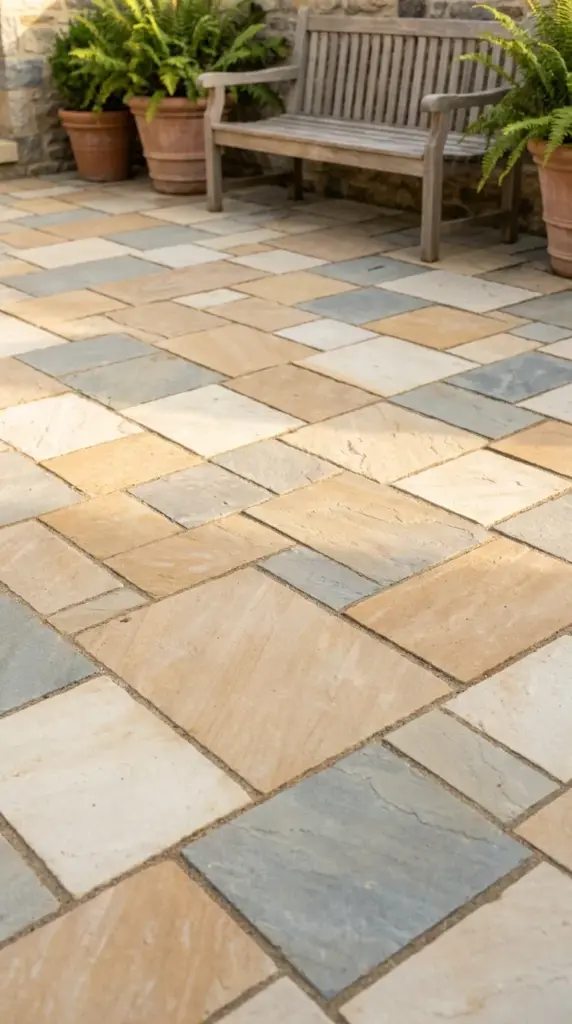 Mixing paver sizes to create a custom ashlar paver pattern for an expensive backyard patio look.