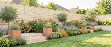 Stunning fence landscaping with layered flower beds maximizing home curb appeal and property value.