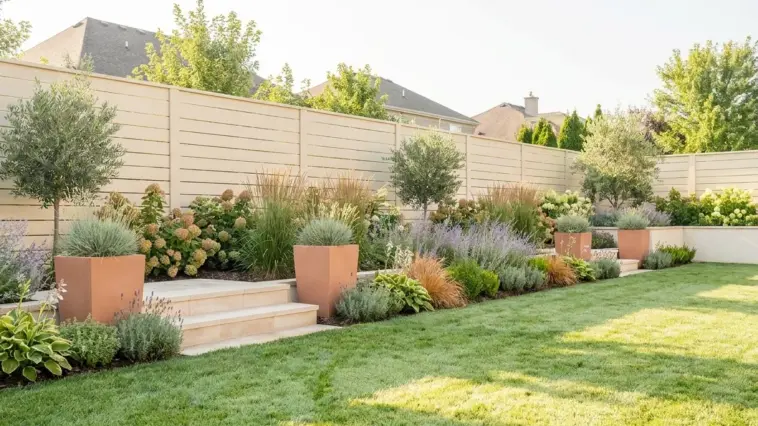Stunning fence landscaping with layered flower beds maximizing home curb appeal and property value.