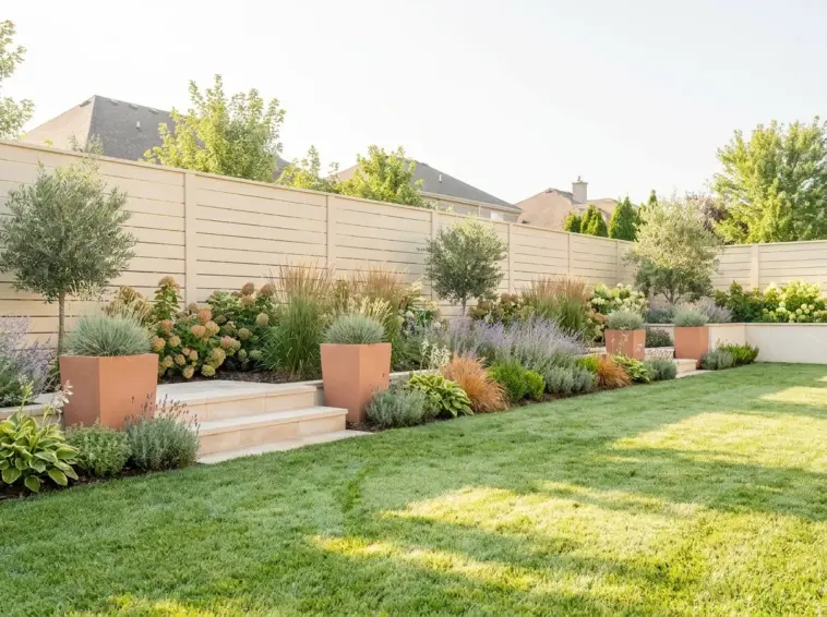 Stunning fence landscaping with layered flower beds maximizing home curb appeal and property value.