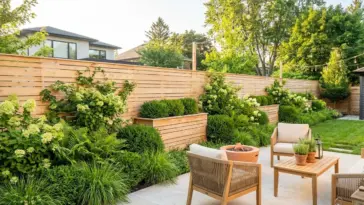Beautifully landscaped wooden backyard fence with lush green plants, modern garden border, and outdoor living decor ideas.