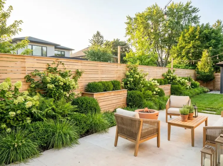 Beautifully landscaped wooden backyard fence with lush green plants, modern garden border, and outdoor living decor ideas.