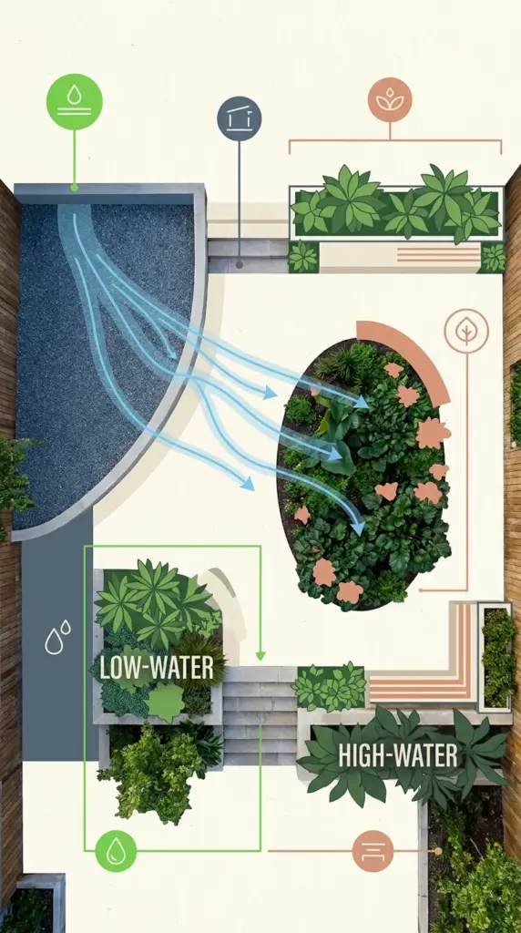 The ‘Hydro-Zoning Matrix’ Innovation: A New Discovery for Structuring a Drought Tolerant Landscape That Literally Waters Itself 3 Hydro-zoning matrix garden layout blueprint illustrating water conservation and smart irrigation zones.