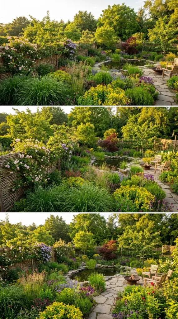 Fully landscaped backyard oasis using layered planting techniques to make the privacy fence disappear.