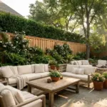 Beautiful private backyard patio with lush fence landscaping design for ultimate privacy.