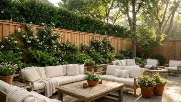 Beautiful private backyard patio with lush fence landscaping design for ultimate privacy.