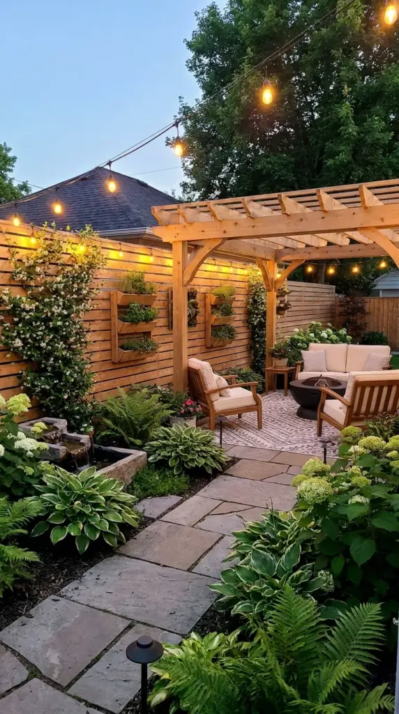 A complete budget friendly backyard makeover featuring cheap fence decorations, string lights, and lush low cost landscaping.