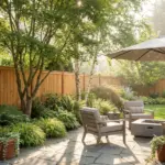 Beautifully layered backyard landscaping with airy trees planted in front of a wooden fence to create visual depth.