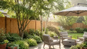 Beautifully layered backyard landscaping with airy trees planted in front of a wooden fence to create visual depth.