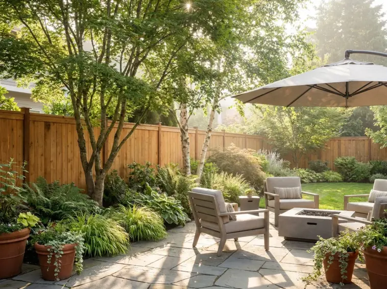 Beautifully layered backyard landscaping with airy trees planted in front of a wooden fence to create visual depth.