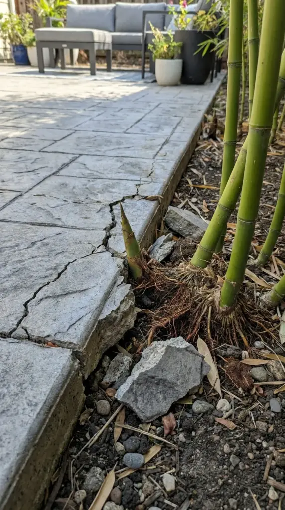 Invasive plant roots from running bamboo causing foundation damage and cracking a concrete patio.