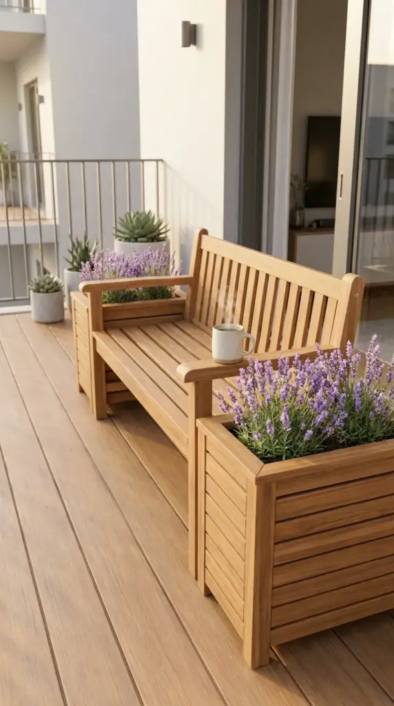 Space saving teak balcony bench with built in side planters filled with blooming lavender.