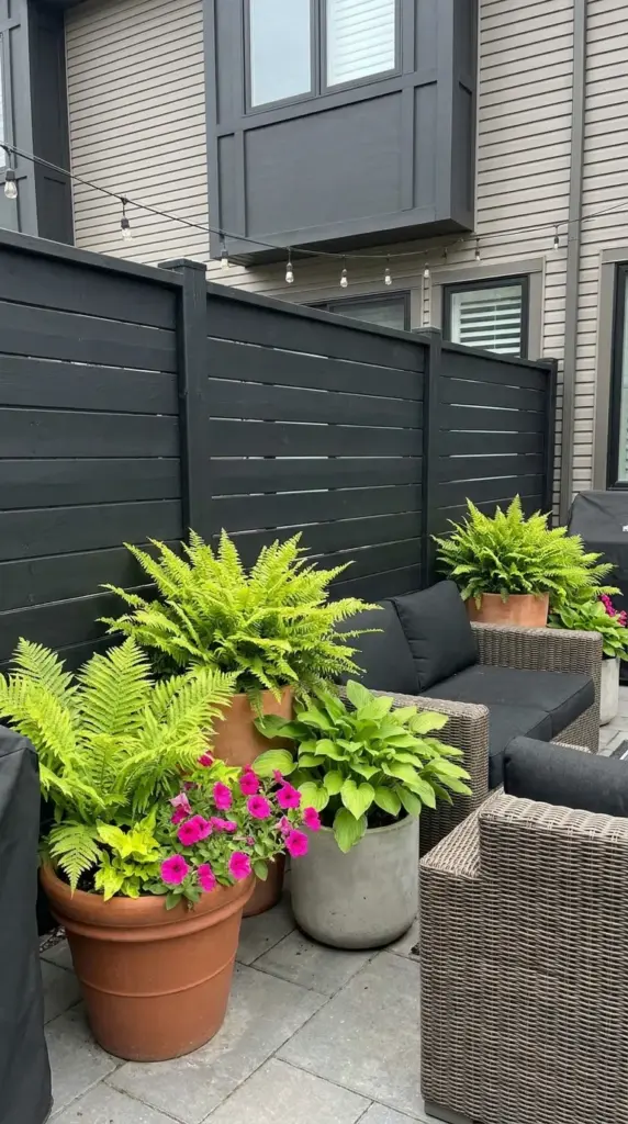 Matte black horizontal wood fence contrasting beautifully with vibrant green garden plants.